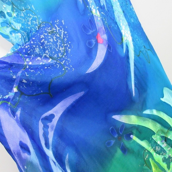 Simply Silk Watercolor Silk Vacation Dress S Blue Art Ruffle Hem Vtg y2k 124 - Picture 9 of 11